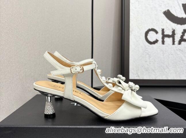 Top Design Chanel Lambskin Heel Sandals with Bow White 2025 CH041702