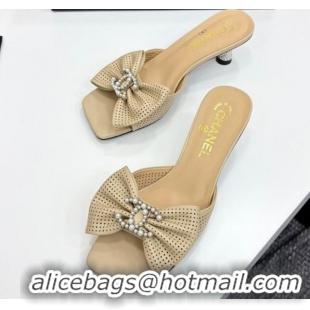 Good Quality Chanel Perforated Lambskin Heel Slides Sandal with Bow Beige 2025 CH041703