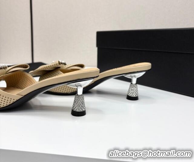 Good Quality Chanel Perforated Lambskin Heel Slides Sandal with Bow Beige 2025 CH041703