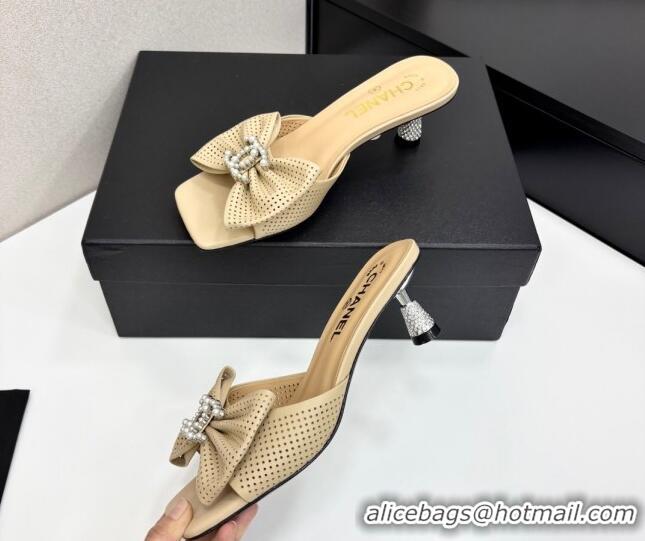 Good Quality Chanel Perforated Lambskin Heel Slides Sandal with Bow Beige 2025 CH041703