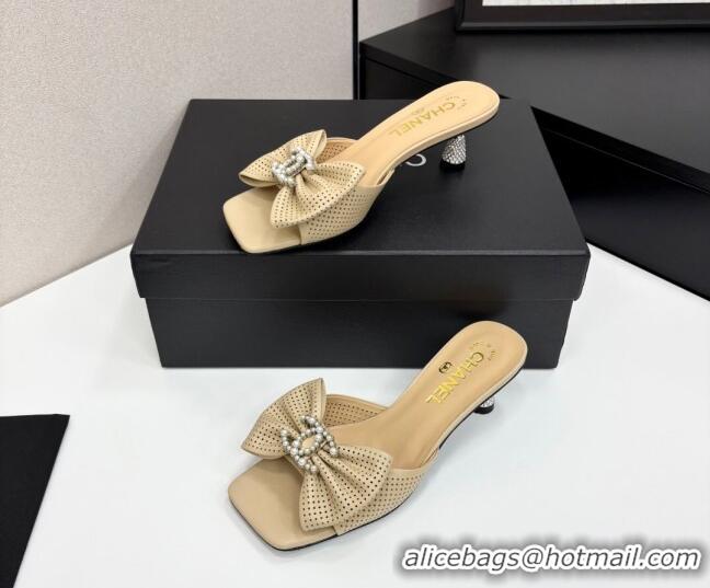 Good Quality Chanel Perforated Lambskin Heel Slides Sandal with Bow Beige 2025 CH041703