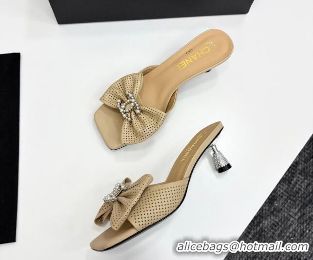 Good Quality Chanel Perforated Lambskin Heel Slides Sandal with Bow Beige 2025 CH041703