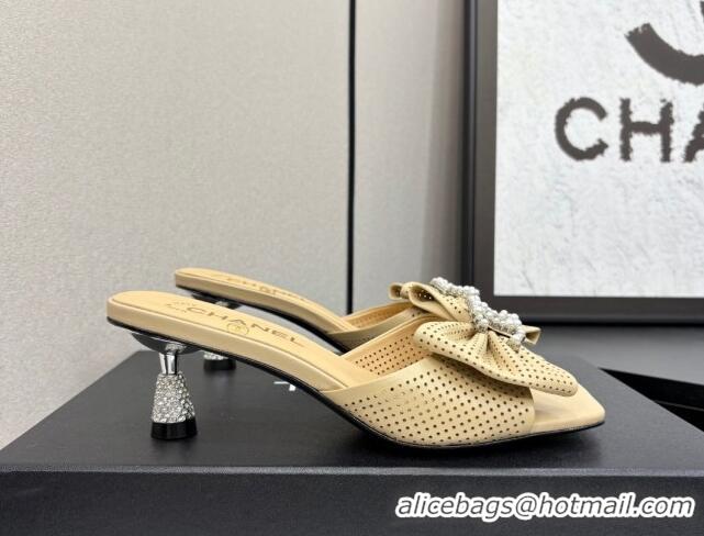Good Quality Chanel Perforated Lambskin Heel Slides Sandal with Bow Beige 2025 CH041703