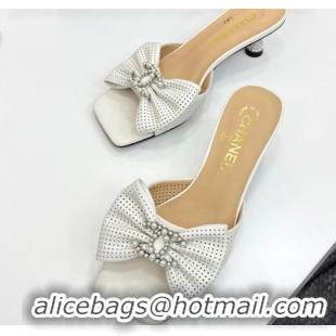 Popular Style Chanel Perforated Lambskin Heel Slides Sandal with Bow White 2025 CH041703