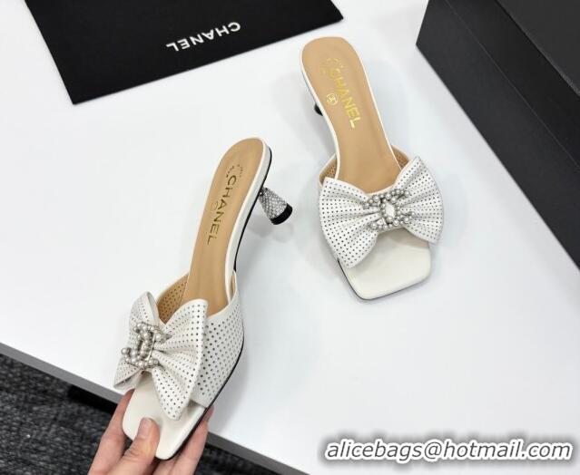 Popular Style Chanel Perforated Lambskin Heel Slides Sandal with Bow White 2025 CH041703