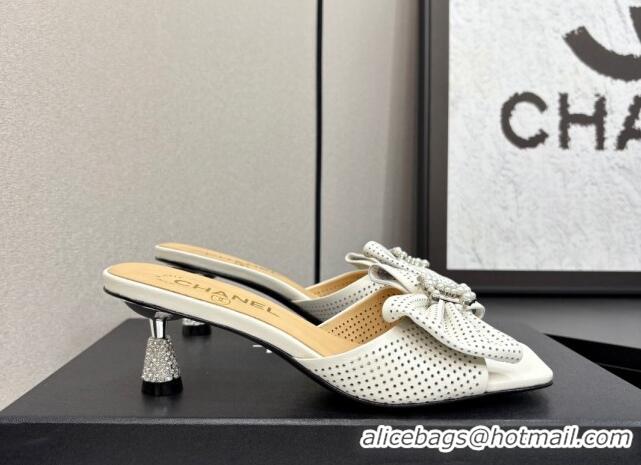 Popular Style Chanel Perforated Lambskin Heel Slides Sandal with Bow White 2025 CH041703