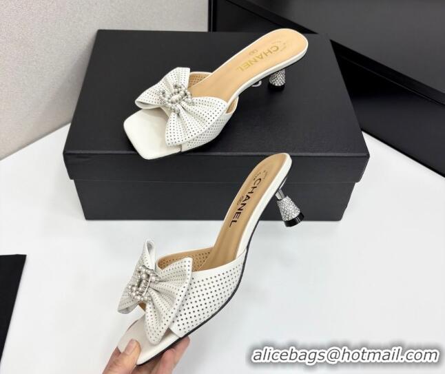 Popular Style Chanel Perforated Lambskin Heel Slides Sandal with Bow White 2025 CH041703