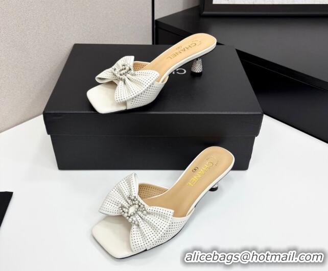 Popular Style Chanel Perforated Lambskin Heel Slides Sandal with Bow White 2025 CH041703