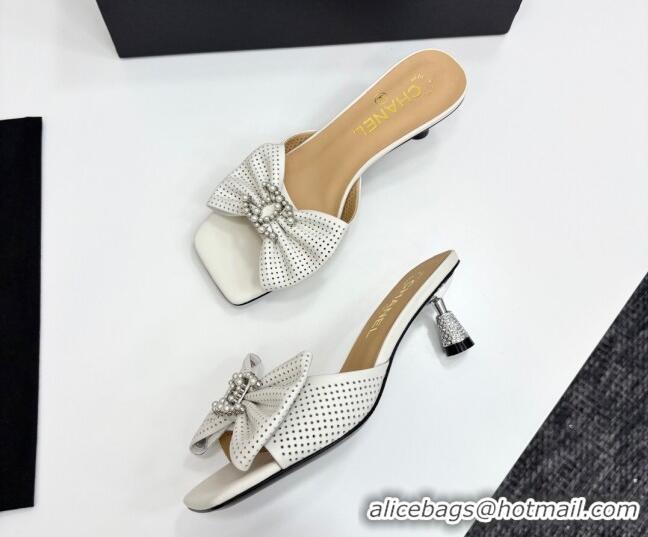 Popular Style Chanel Perforated Lambskin Heel Slides Sandal with Bow White 2025 CH041703