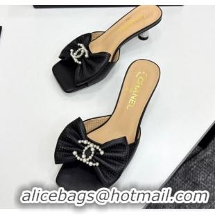 Good Looking Chanel Perforated Lambskin Heel Slides Sandal with Bow Black 2025 CH041703
