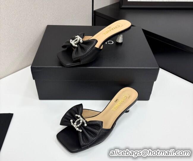 Good Looking Chanel Perforated Lambskin Heel Slides Sandal with Bow Black 2025 CH041703