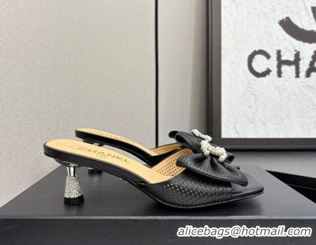 Good Looking Chanel Perforated Lambskin Heel Slides Sandal with Bow Black 2025 CH041703