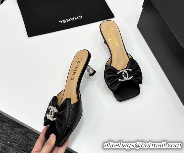 Good Looking Chanel Perforated Lambskin Heel Slides Sandal with Bow Black 2025 CH041703