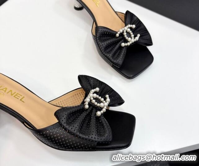 Good Looking Chanel Perforated Lambskin Heel Slides Sandal with Bow Black 2025 CH041703