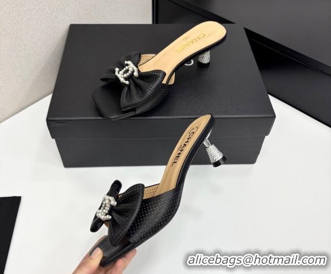 Good Looking Chanel Perforated Lambskin Heel Slides Sandal with Bow Black 2025 CH041703