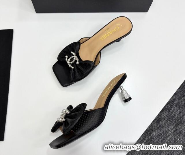 Good Looking Chanel Perforated Lambskin Heel Slides Sandal with Bow Black 2025 CH041703