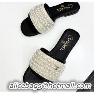 Unique Style Chanel Straw Flat Slides Sandal with Pearls Black 2025 CH041704