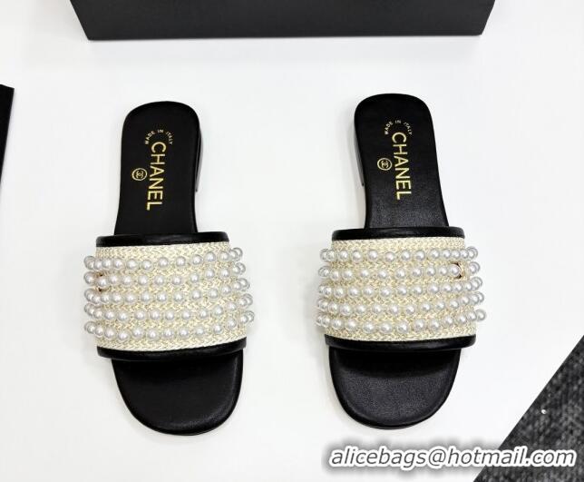 Unique Style Chanel Straw Flat Slides Sandal with Pearls Black 2025 CH041704