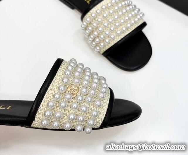 Unique Style Chanel Straw Flat Slides Sandal with Pearls Black 2025 CH041704