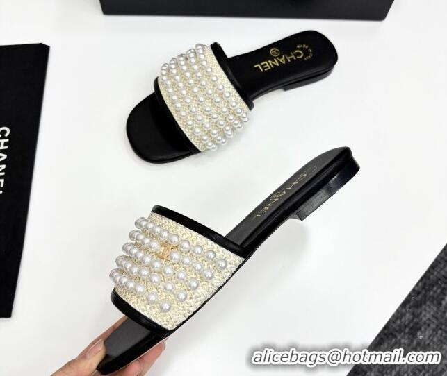Unique Style Chanel Straw Flat Slides Sandal with Pearls Black 2025 CH041704