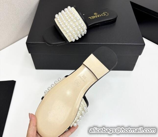 Unique Style Chanel Straw Flat Slides Sandal with Pearls Black 2025 CH041704