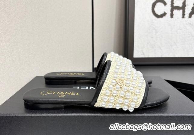 Unique Style Chanel Straw Flat Slides Sandal with Pearls Black 2025 CH041704