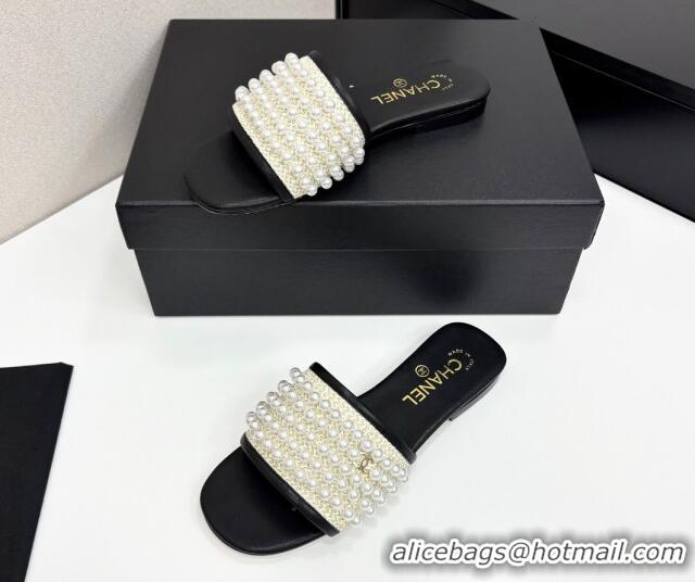 Unique Style Chanel Straw Flat Slides Sandal with Pearls Black 2025 CH041704