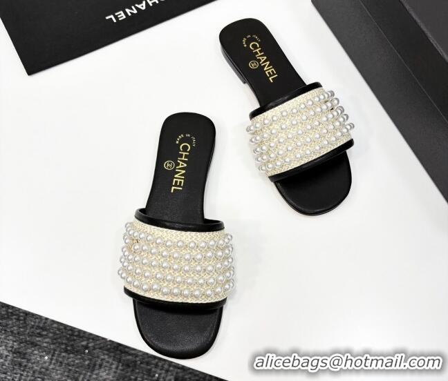 Unique Style Chanel Straw Flat Slides Sandal with Pearls Black 2025 CH041704