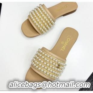 Hot Style Chanel Straw Flat Slides Sandal with Pearls Beige 2025 CH041704