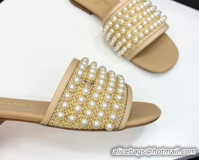 Hot Style Chanel Straw Flat Slides Sandal with Pearls Beige 2025 CH041704
