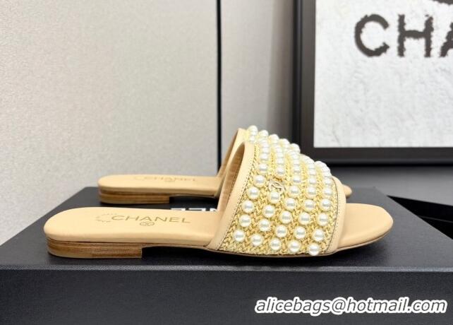 Hot Style Chanel Straw Flat Slides Sandal with Pearls Beige 2025 CH041704