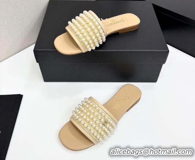 Hot Style Chanel Straw Flat Slides Sandal with Pearls Beige 2025 CH041704