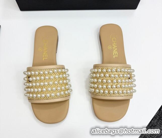 Hot Style Chanel Straw Flat Slides Sandal with Pearls Beige 2025 CH041704