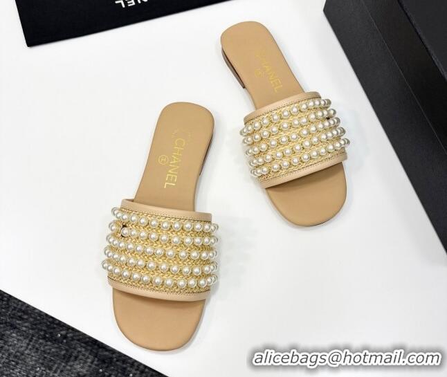 Hot Style Chanel Straw Flat Slides Sandal with Pearls Beige 2025 CH041704