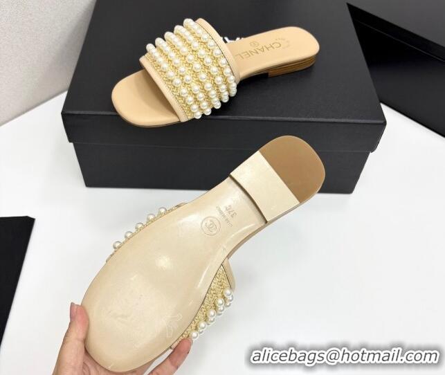 Hot Style Chanel Straw Flat Slides Sandal with Pearls Beige 2025 CH041704