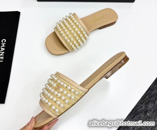 Hot Style Chanel Straw Flat Slides Sandal with Pearls Beige 2025 CH041704