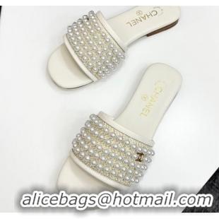 Grade Quality Chanel Straw Flat Slides Sandal with Pearls White 2025 CH041704