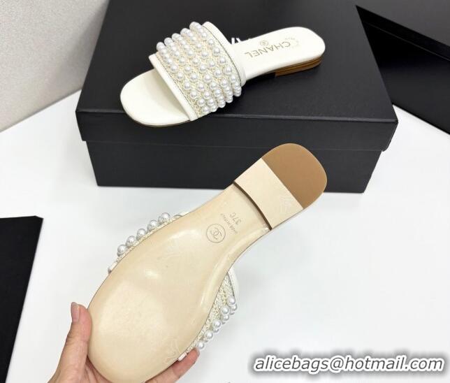 Grade Quality Chanel Straw Flat Slides Sandal with Pearls White 2025 CH041704