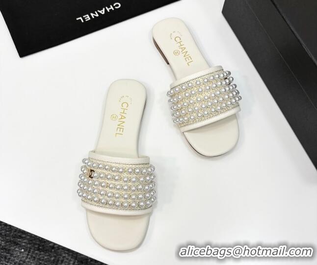 Grade Quality Chanel Straw Flat Slides Sandal with Pearls White 2025 CH041704