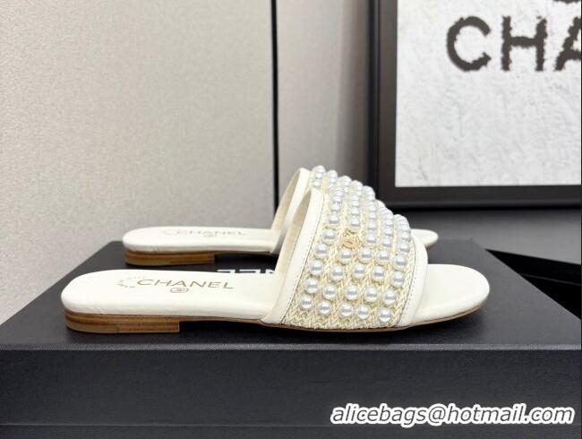 Grade Quality Chanel Straw Flat Slides Sandal with Pearls White 2025 CH041704