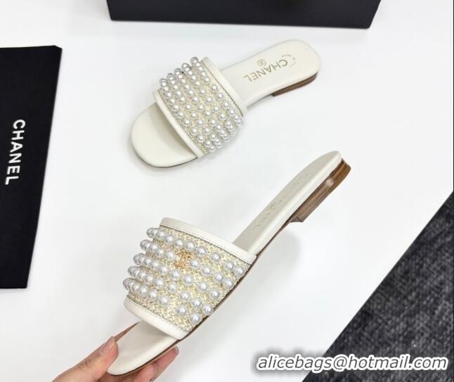 Grade Quality Chanel Straw Flat Slides Sandal with Pearls White 2025 CH041704
