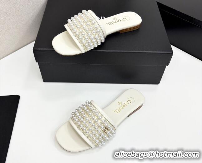 Grade Quality Chanel Straw Flat Slides Sandal with Pearls White 2025 CH041704