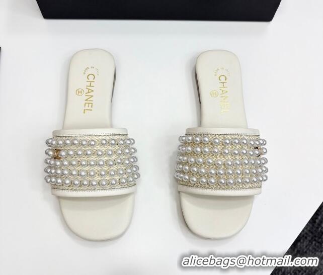 Grade Quality Chanel Straw Flat Slides Sandal with Pearls White 2025 CH041704