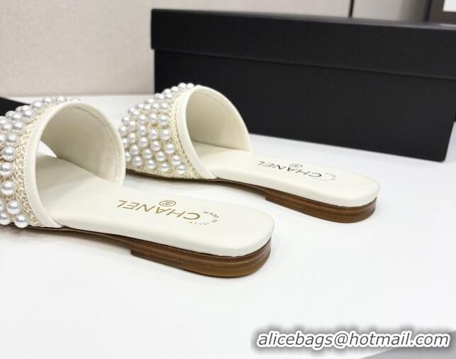 Grade Quality Chanel Straw Flat Slides Sandal with Pearls White 2025 CH041704