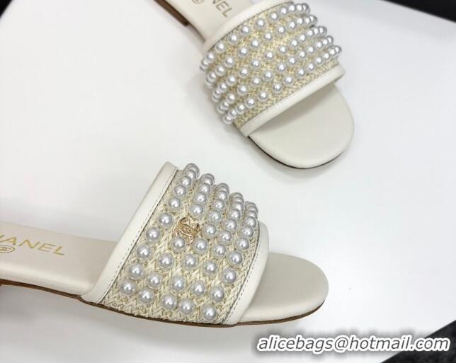 Grade Quality Chanel Straw Flat Slides Sandal with Pearls White 2025 CH041704