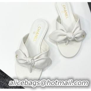 Low Price Chanel Lambskin Flat Thong Slide Sandals with Bow White 2025 CH041705
