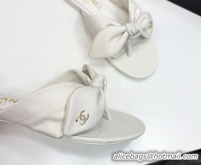 Low Price Chanel Lambskin Flat Thong Slide Sandals with Bow White 2025 CH041705