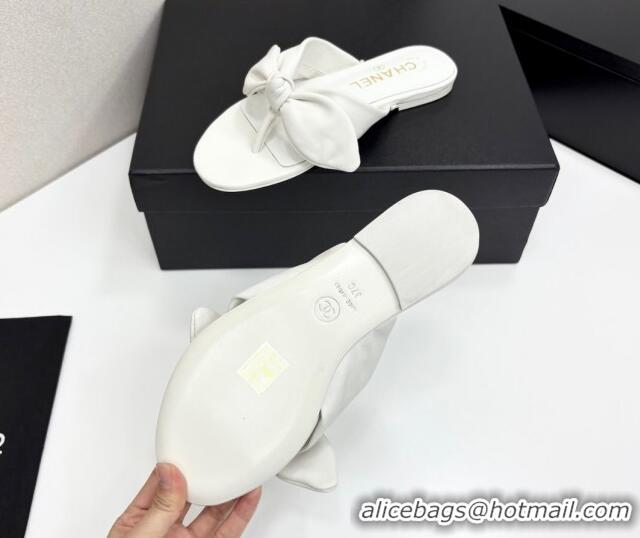 Low Price Chanel Lambskin Flat Thong Slide Sandals with Bow White 2025 CH041705