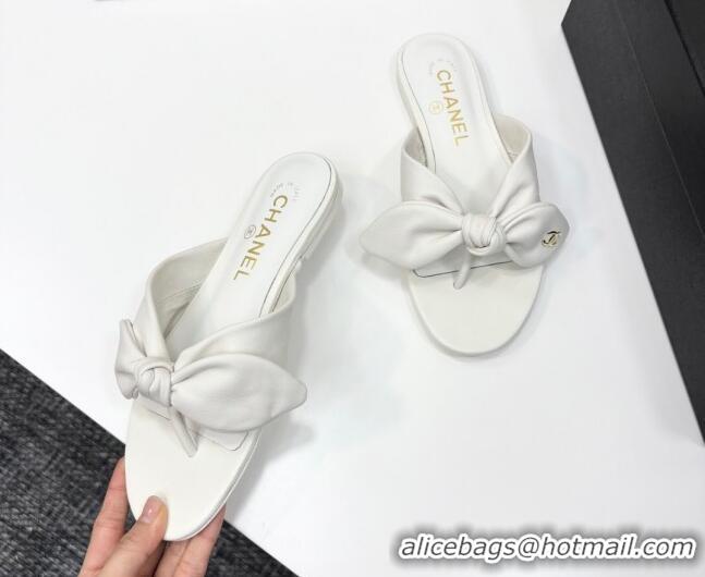 Low Price Chanel Lambskin Flat Thong Slide Sandals with Bow White 2025 CH041705