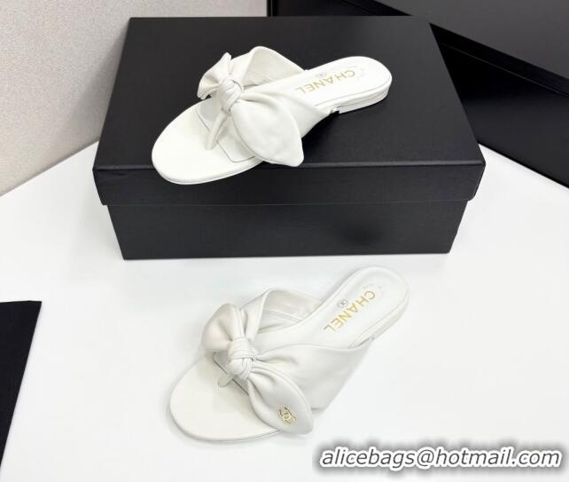 Low Price Chanel Lambskin Flat Thong Slide Sandals with Bow White 2025 CH041705